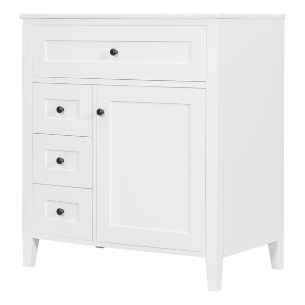 English Elm 30-Inch Contemporary Bathroom Vanity with Sink, MDF & Rubberwood, Glossy Finish, 3 Drawers + Cabinet White N725P350819K