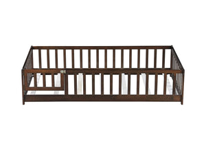 English Elm Twin Solid Rubberwood Floor Bed with Full Perimeter Safety Rails for Toddler Rooms Espresso W504P296781