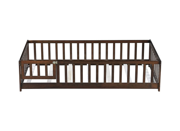English Elm Twin Solid Rubberwood Floor Bed with Full Perimeter Safety Rails for Toddler Rooms Espresso W504P296781