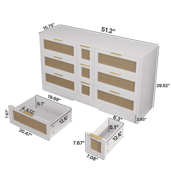 English Elm 51.2 Rattan Locker with 9 Spacious Drawers and Metal Handles—Versatile Storage for Home Organization White W757P238063