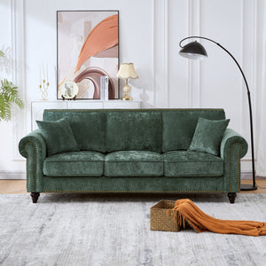 English Elm Modern Chenille 3+2 Seater Sofa with Rolled Arms, Velvet Touch, Nailhead Trim, Solid Wood Legs, Cozy Green W3373S00044