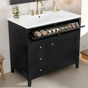 English Elm 36-Inch Black Bathroom Vanity With Sink – Modern Design, 3 Drawers, Adjustable Shelf For Storage N725P350821B