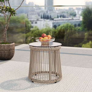 English Elm Christopher Knight Home® - MOONSTONE Light Brown Side Table with Handwoven Rope, Tempered Glass Top, Iron Frame, Modern Outdoor N775P251642B