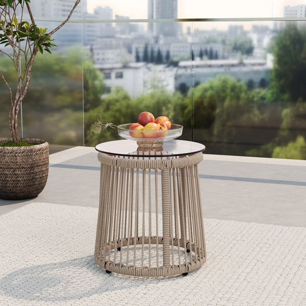 English Elm Christopher Knight Home® - MOONSTONE Light Brown Side Table with Handwoven Rope, Tempered Glass Top, Iron Frame, Modern Outdoor N775P251642B