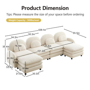 English Elm Teddy Fleece Curved Modular Sectional Sofa with Movable Ottomans for Cozy Living Rooms Beige White W5656S00089