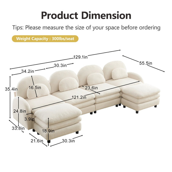 English Elm Teddy Fleece Curved Modular Sectional Sofa with Movable Ottomans for Cozy Living Rooms Beige White W5656S00089