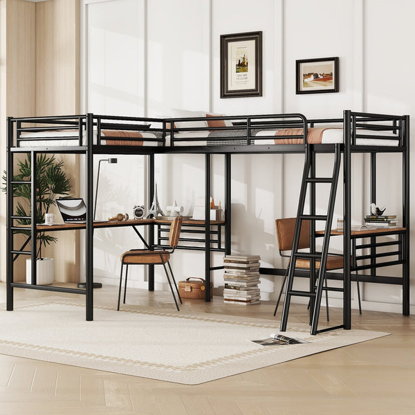 English Elm Twin Metal Loft Bed with Two Built-In Desks, Black — Space-Saving L-Shaped Twin Bunk for Study & Sleep GX001114AAB-1
