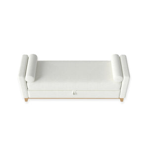 English Elm 66 Inch Sherpa Upholstered Storage Bench with Fluted Wood Base and Bolster Pillows Beige+Natural W1658P446112