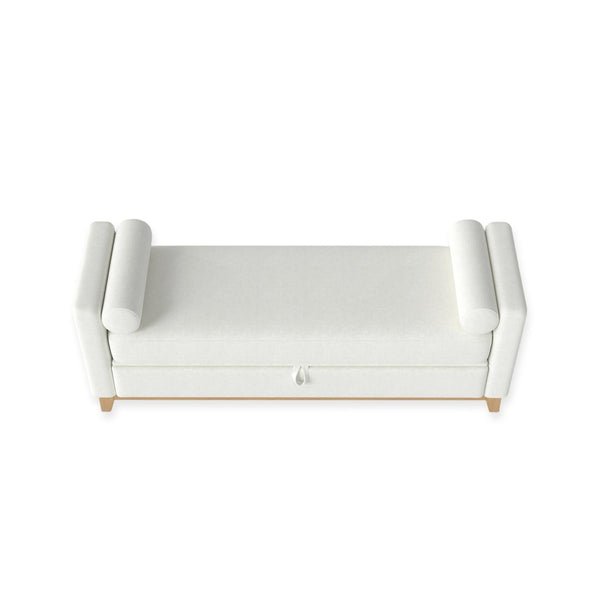 English Elm 66 Inch Sherpa Upholstered Storage Bench with Fluted Wood Base and Bolster Pillows Beige+Natural W1658P446112