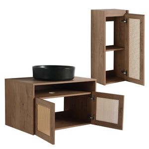 English Elm 30" Floating Bathroom Vanity Set with Ceramic Vessel Sink and Rattan Side Cabinet W999S00496