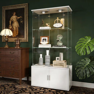 English Elm Double-door Glass Display Cabinet with Led Lighting Four Shelf Living Room Storage White W3155S00024