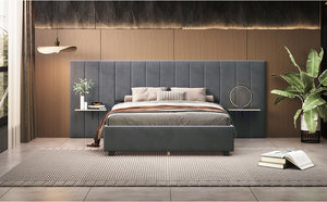 English Elm Queen Upholstered Platform Bed with Oversized Velvet Headboard, Built-In Shelves, Modern Comfort and Support for Relaxation Gray SF000138AAE