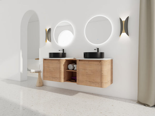 English Elm 60'' Wall-Mounted Bathroom Vanity With Elegant Ceramic Art Sink & Soft-Close Door For Modern Spaces W999S00411