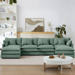 English Elm Modular U-Shaped Sectional Sofa, 130.7" Mint Green Chenille Couch Set With Versatile Ottomans W1359S00042