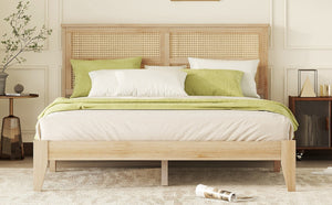 English Elm Queen Platform Bed Solid Rubberwood Arched Rattan Headboard Natural Boho Bedroom W504P380560