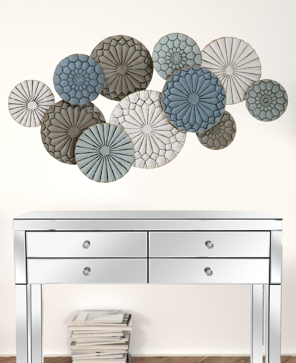 Homeroots Boho Blue Green Ivory Metal Plates Wall Decor  Metal 373223