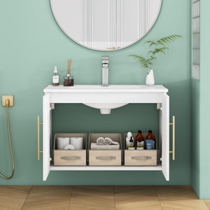 English Elm 30-Inch Sleek White Gloss Wall-Mounted Bathroom Vanity With Gold Handles & Soft-Close Doors, Easy Install W3151S00052