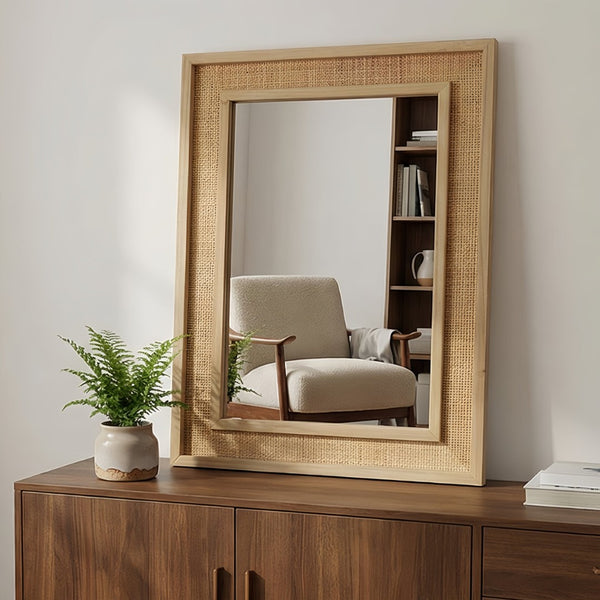 English Elm Natural Rattan Wrapped Solid Wood Frame Rectangle Mirror for Farmhouse Entryway Bath Natural Wood W2203P436620