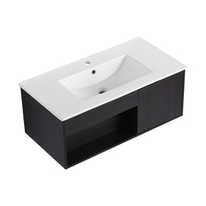English Elm 36" Floating Bathroom Vanity Dark Oak Ceramic Sink Open Shelf Soft Close Storage W3450P435874