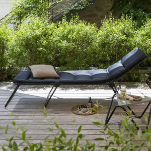 HomeRoots 28" Black Steel Outdoor Chaise Lounge with Adjustable Recline, Cushioned Comfort & Easy Storage 373468