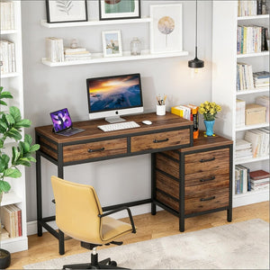 English Elm Industrial Writing Desk with File Cabinet Five Drawers Rustic Brown Home Office T3971P449902