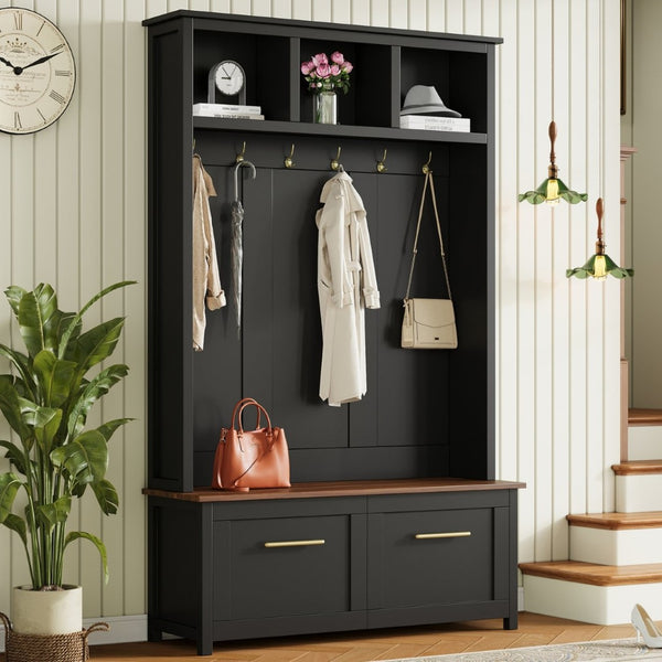 English Elm On-trend Entryway Hall Tree with Gold Hooks Bench Drawers and Shoe Cabinet Storage Black N721S000056B-1