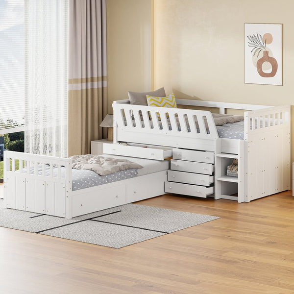 English Elm L-shaped Twin Loft Platform Bed with 7 Drawers Full Guardrails Kids White Pine LT000853AAK