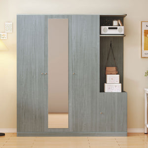 English Elm 4-Door Wardrobe with Full-Length Mirror, Dust-Proof Compartments, Shoe Door & Anti-Tip Safety Features Gray N820S00056E