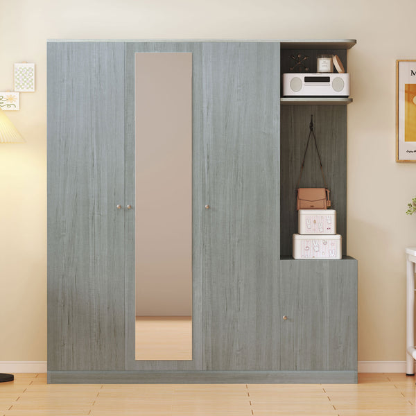 English Elm 4-Door Wardrobe with Full-Length Mirror, Dust-Proof Compartments, Shoe Door & Anti-Tip Safety Features Gray N820S00056E