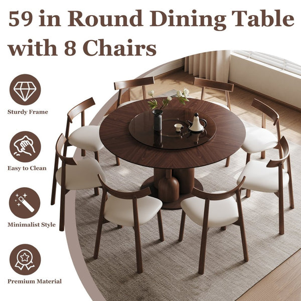 English Elm 59-inch Solid Oak Round Dining Set Wabi-sabi Sculpted Table Eight Chairs Lazy Susan W2700S00138