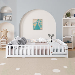 English Elm Full Full Size Floor Platform Bed with Safety Fence and Door, Montessori Toddler Frame with Slats, Sturdy Pine Construction for Secure Sleep and Playtime White 77.76 L x 17.52 W x 6.3 H W1716132147