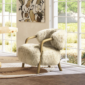 English Elm Becker Solid Oak Genuine Sheepskin Accent Armchair Rustic Farmhouse Living Room B2719P277874