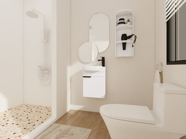 English Elm Soft Close Wall Mounted Bathroom Vanity with Ceramic Vessel Sink and Storage Rack W999S00487