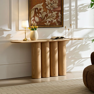 English Elm 66.93'' Slim Matte Console Table with Sculptural Cylinder Legs for Entryway or Foyer Natural W876S00338