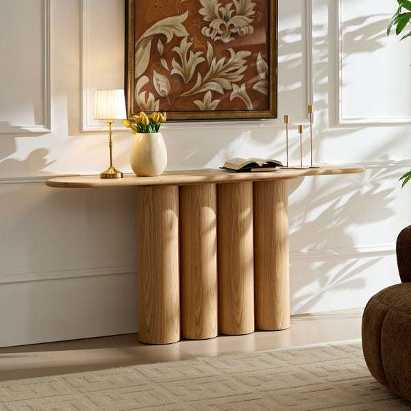 English Elm 66.93'' Slim Matte Console Table with Sculptural Cylinder Legs for Entryway or Foyer Natural W876S00338