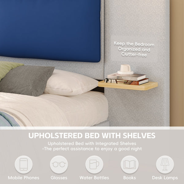 English Elm Christopher Knight Home® - King PU Leather Bed Frame with Wingback Headboard & Footboard, Gold Accents, Platform Slat Support, Elegant Design Blue+Grey 76.4 L x 12.75 W x 8.75 H N761S0000024E