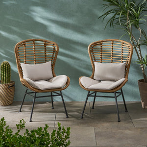 English Elm Christopher Knight Home® - Frazer Woven Rattan Patio Chairs Set of 2 with Water-Resistant Cushions and Durable Iron Frame Beige+Brown 65489.00LBRN