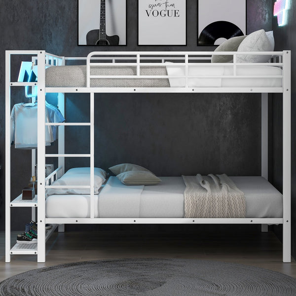 English Elm Full Size Metal Bunk Bed With Led Lights, Storage Shelves & Hooks - Stylish Space-Saver In White N7090000667K