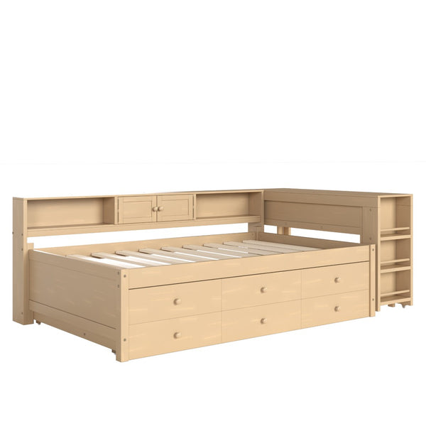English Elm Twin Daybed Pine Frame with Trundle Desk Hutch Shelves and Storage for Kids Rooms Golden W1580S00460