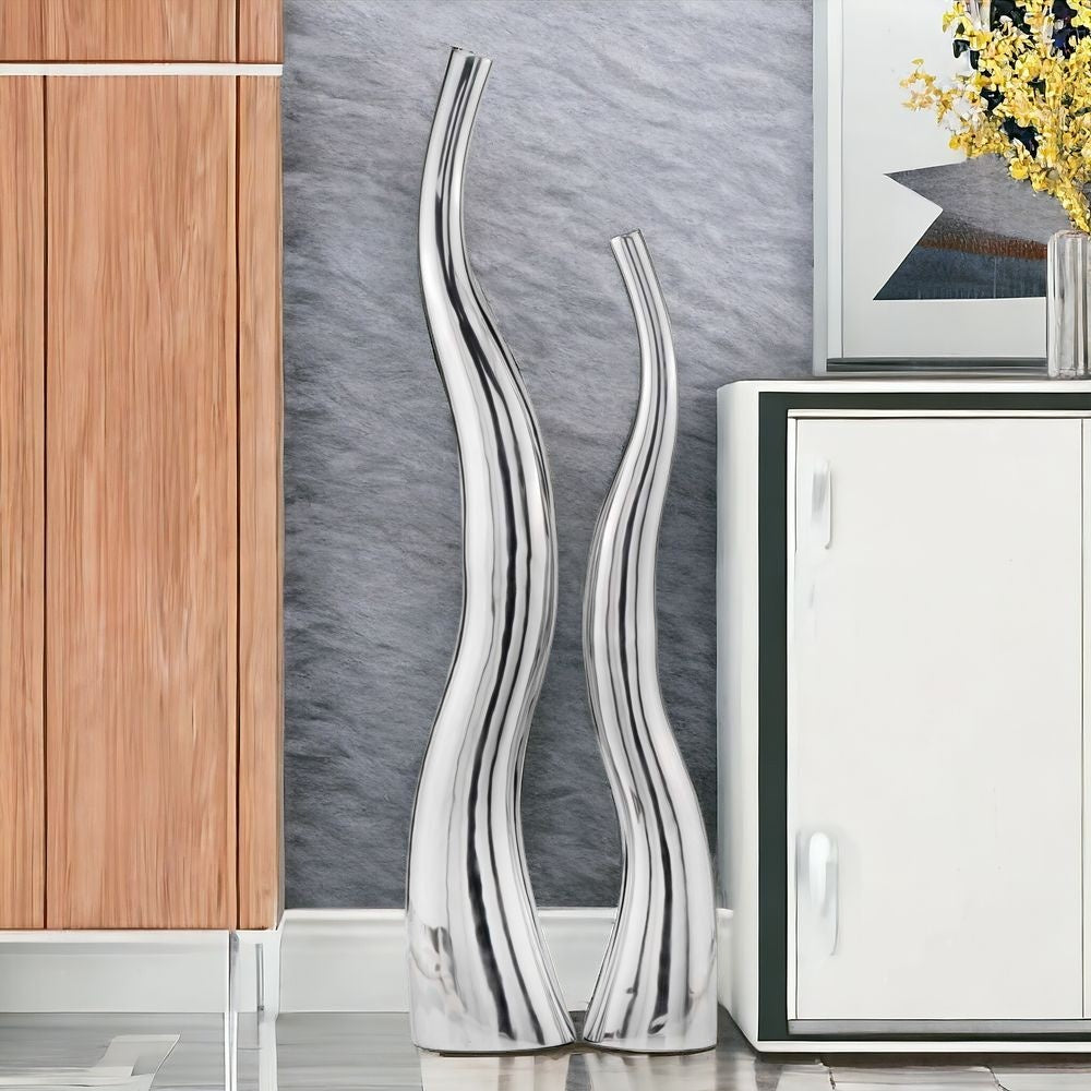 Homeroots Set Of Two Aluminum Silver Wavy Floor Vases  Aluminum 373780