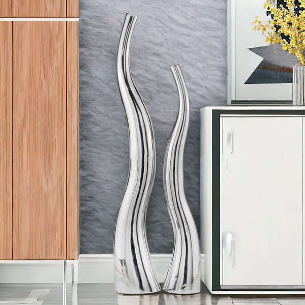 Homeroots Set Of Two Aluminum Silver Wavy Floor Vases  Aluminum 373780
