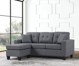 English Elm Modern Gray Linen Sectional with Reversible Chaise Nailhead Trim Tufted Cushions B2771P498530