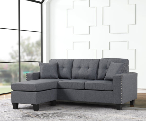 English Elm Modern Gray Linen Sectional with Reversible Chaise Nailhead Trim Tufted Cushions B2771P498530