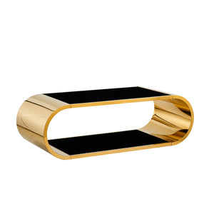 English Elm 57" Gold Stainless Oval Coffee Table with Black Tempered Glass, 2-Tier Storage, Modern Chic Design W3456S00027