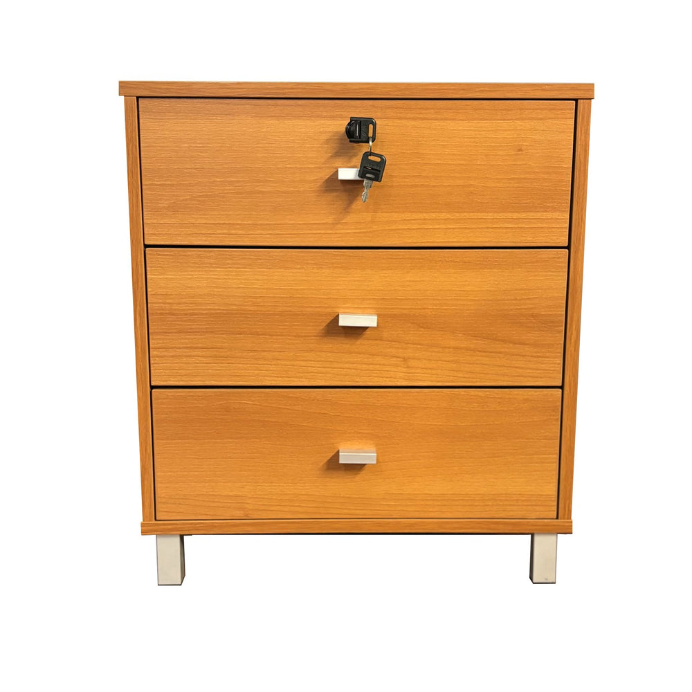 English Elm Three Drawer Nightstand Locking Top Drawer with Metal Glides, Aluminum Bar Handles, Light Cherry Finish Organizing Accent Piece B107P246018
