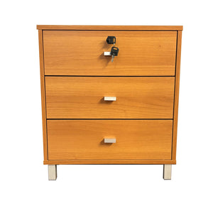 English Elm Three Drawer Nightstand Locking Top Drawer with Metal Glides, Aluminum Bar Handles, Light Cherry Finish Organizing Accent Piece B107P246018