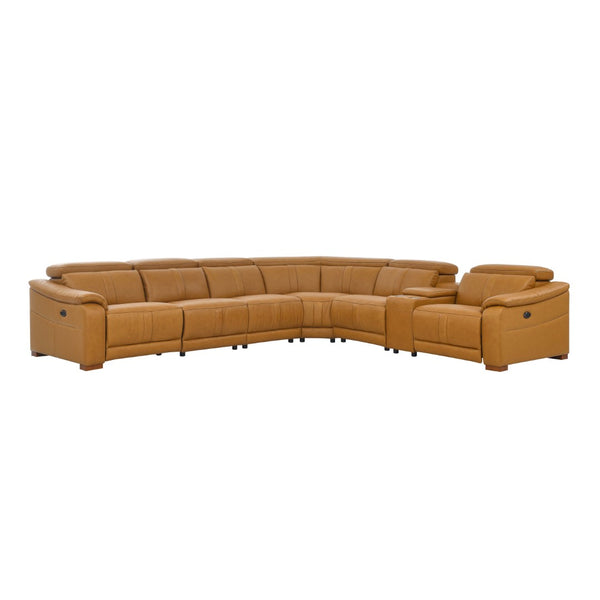 English Elm Leather Match Modular Sectional Power Reclining Sofa with Console and Cup Holders Ginger B2748S00025