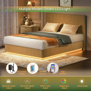English Elm Queen Bed Frame with Led Lighting Curved Groove Panels and Floating Base Modern Bedroom Oak W1820S00050