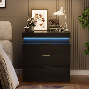 English Elm Nightstand with Built-in Charging Station Rgb Led Lighting and Sliding Top Drawer Black W1162P246397