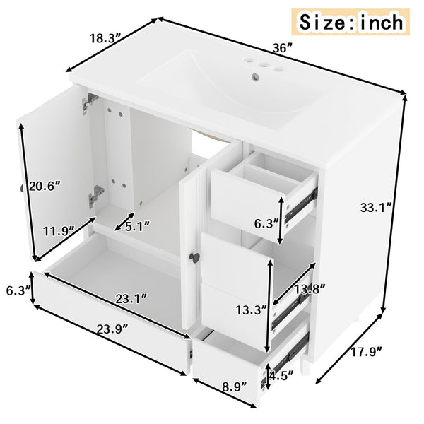 English Elm 36" Freestanding Bathroom Vanity Solid Wood Cabinet Ceramic Basin Four Drawers White W1580P382510